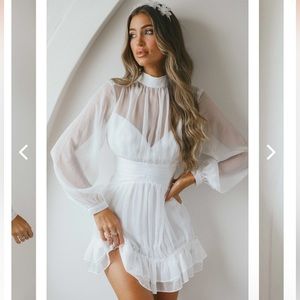 MANDALAY HIGH NECK LONG SLEEVE WAISTBAND DRESS WHITE